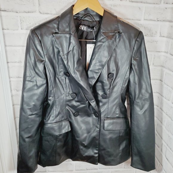 zara faux leather blazer size small black nwt - Picture 3 of 6